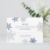 Marine Blauw Zilver Sneeuwvlok Winter Bruiloft RSV RSVP Kaartje (Staand voorkant)