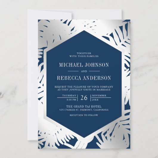 Marine Blauw Zilver Tropische Palm Alles in Een Hu Kaart (Voorkant)