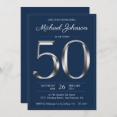Marine Blauw Zilver Typografie 50e Verjaardagsfees Kaart (Voorkant / Achterkant)