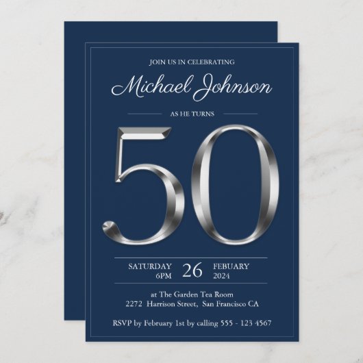 Marine Blauw Zilver Typografie 50e Verjaardagsfees Kaart (Voorkant / Achterkant)
