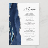 Marine Blauw Zilveren Agaat Modern Script Wedding Menu (Voorkant)