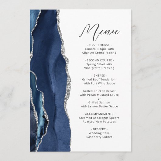 Marine Blauw Zilveren Agaat Modern Script Wedding Menu (Voorkant)