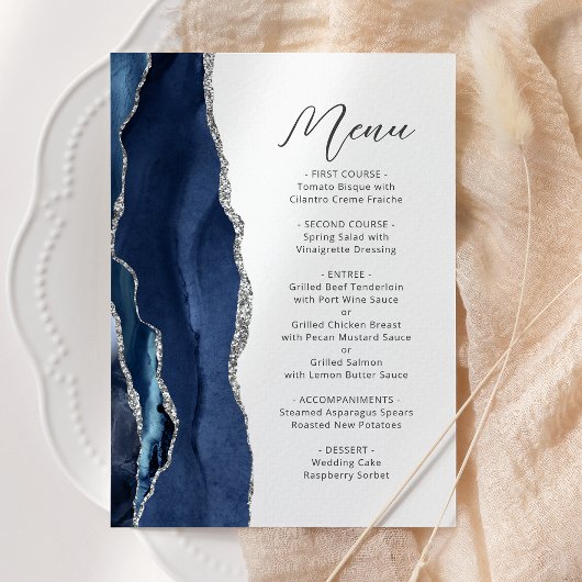 Marine Blauw Zilveren Agaat Modern Script Wedding Menu
