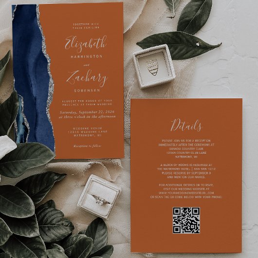 Marine Blauw Zilveren Agaat Rust QR Code Wedding Kaart