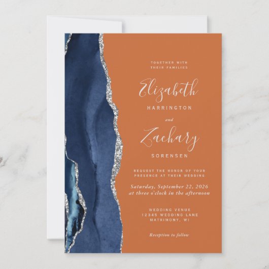 Marine Blauw Zilveren Agaat Rust QR Code Wedding Kaart (Voorkant)