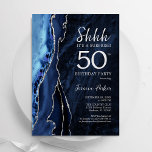 Marine Blauw Zilveren Agaat Verrassing 50ste Verja Kaart<br><div class="desc">Marineblauw en zilveren agaat verrassing 50ste verjaardag feestuitnodiging. Elegant modern ontwerp met een koningsblauwe waterverf agaat marmeren geode achtergrond,  faux glitter silver en typografie script lettertype. Trendy uitnodigingskaart perfect voor een stijlvol vrouwenfeest. Gedrukte Zazzle-uitnodigingen of direct download digitale afdrukbare sjabloon.</div>