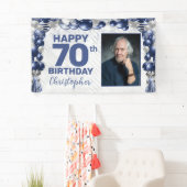 Marine Blauw Zilveren Ballon Foto 70e Verjaardag Spandoek (Insitu)