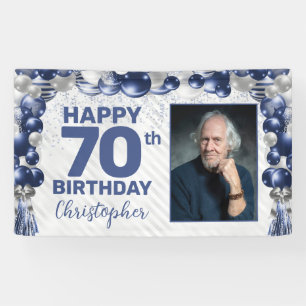 Marine Blauw Zilveren Ballon Foto 70e Verjaardag Spandoek