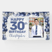 Marine Blauw Zilveren Ballon Foto Any Age Verjaard Spandoek (Horizontaal)