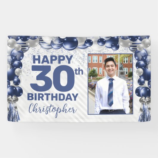 Marine Blauw Zilveren Ballon Foto Any Age Verjaard Spandoek (Horizontaal)