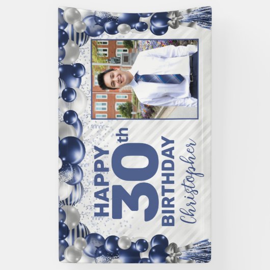 Marine Blauw Zilveren Ballon Foto Any Age Verjaard Spandoek (Verticaal)