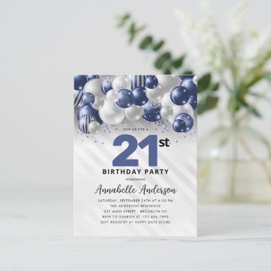 Marine Blauw Zilveren Ballon Glitter 21e Verjaarda Briefkaart (Staand voorkant)