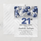 Marine Blauw Zilveren Ballon Glitter 21e Verjaarda Briefkaart (Voorkant / Achterkant)