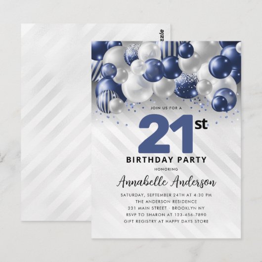 Marine Blauw Zilveren Ballon Glitter 21e Verjaarda Briefkaart (Voorkant / Achterkant)