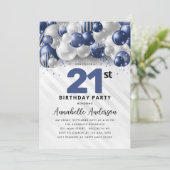 Marine Blauw Zilveren Ballon Glitter 21e Verjaarda Kaart (Staand voorkant)