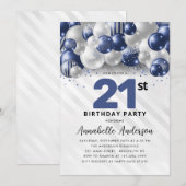 Marine Blauw Zilveren Ballon Glitter 21e Verjaarda Kaart (Voorkant / Achterkant)