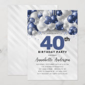 Marine Blauw Zilveren Ballon Glitter 40e Verjaarda Kaart (Voorkant / Achterkant)