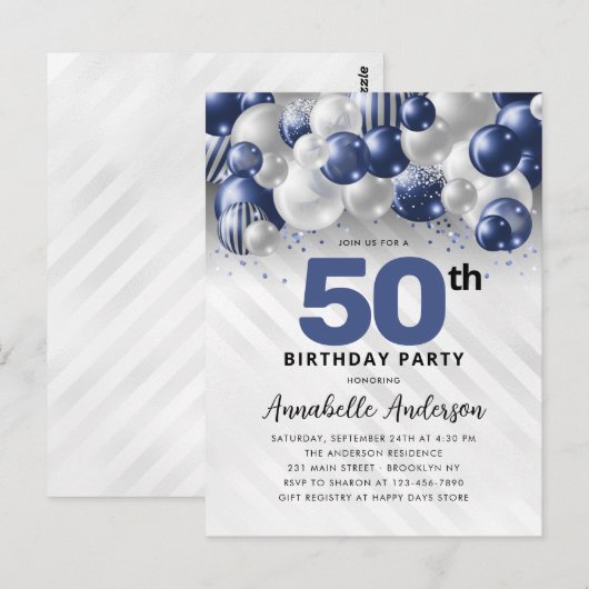 Marine Blauw Zilveren Ballon Glitter 50ste Verjaar Briefkaart (Voorkant / Achterkant)