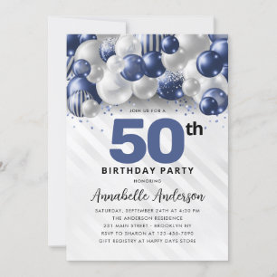 Marine Blauw Zilveren Ballon Glitter 50ste Verjaar Kaart