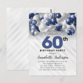 Marine Blauw Zilveren Ballon Glitter 60e Verjaarda Briefkaart (Voorkant / Achterkant)