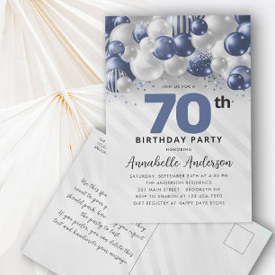 Marine Blauw Zilveren Ballon Glitter 70e Verjaarda Briefkaart