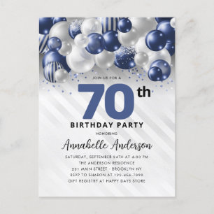 Marine Blauw Zilveren Ballon Glitter 70e Verjaarda Briefkaart