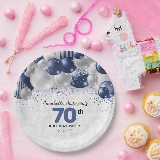 Marine Blauw Zilveren Ballon Glitter 70e Verjaarda Papieren Bordje (Feest)