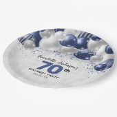 Marine Blauw Zilveren Ballon Glitter 70e Verjaarda Papieren Bordje (Gekanteld)