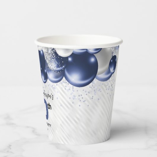 Marine Blauw Zilveren Ballon Glitter 80ste Verjaar Papieren Bekers (Achterkant)