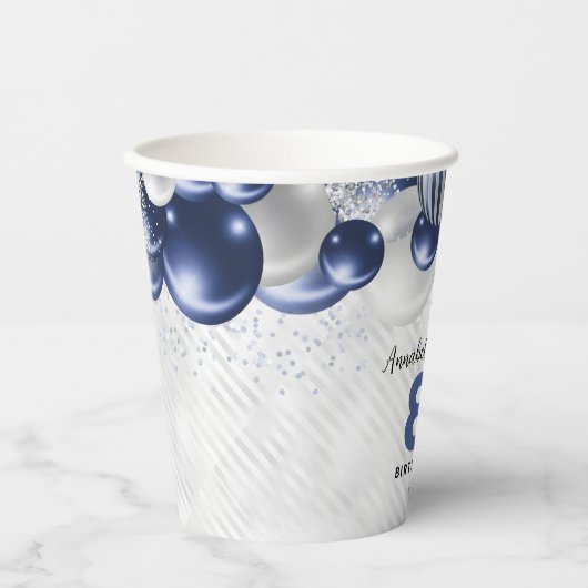 Marine Blauw Zilveren Ballon Glitter 80ste Verjaar Papieren Bekers (Voorkant)