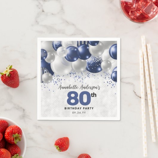 Marine Blauw Zilveren Ballon Glitter 80ste Verjaar Servet (Insitu)