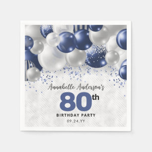 Marine Blauw Zilveren Ballon Glitter 80ste Verjaar Servet