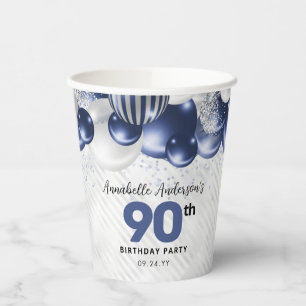 Marine Blauw Zilveren Ballon Glitter 90ste Verjaar Papieren Bekers