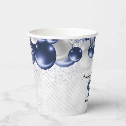 Marine Blauw Zilveren Ballon Glitter 90ste Verjaar Papieren Bekers (Voorkant)