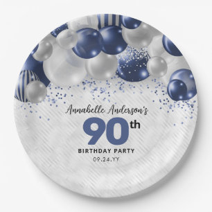 Marine Blauw Zilveren Ballon Glitter 90ste Verjaar Papieren Bordje