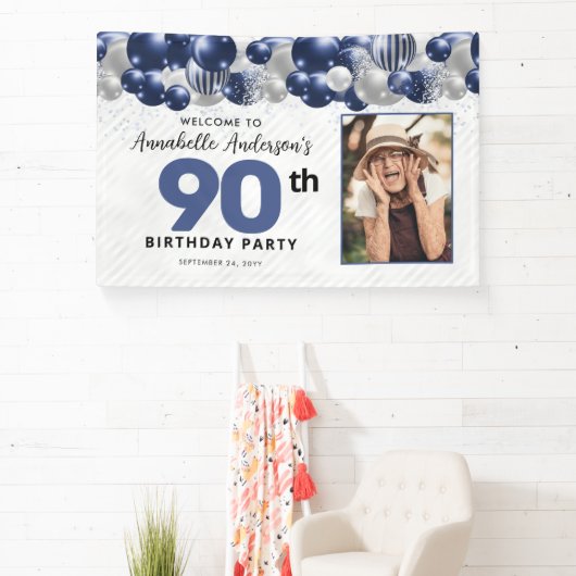 Marine Blauw Zilveren Ballon Glitter Foto Welkom Spandoek (Insitu)