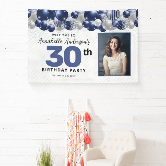 Marine Blauw Zilveren Ballon Glitter Foto Welkom Spandoek (Insitu)