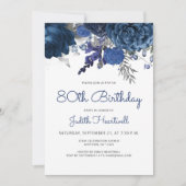 Marine Blauw Zilveren Bloemen 80ste Verjaardagsfee Kaart (Voorkant)