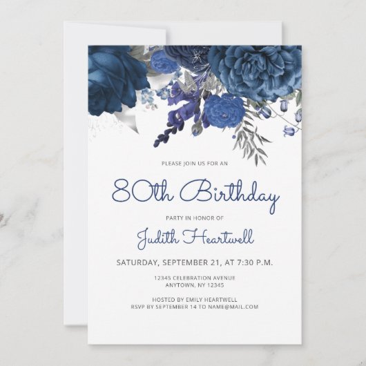 Marine Blauw Zilveren Bloemen 80ste Verjaardagsfee Kaart (Voorkant)