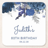 Marine Blauw Zilveren Bloemen 80ste Verjaardagsfee Kartonnen Onderzetters (Voorkant)