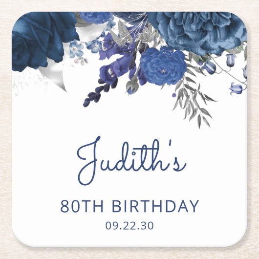 Marine Blauw Zilveren Bloemen 80ste Verjaardagsfee Kartonnen Onderzetters (Voorkant)