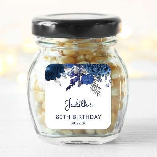Marine Blauw Zilveren Bloemen 80ste Verjaardagsfee Vierkante Sticker