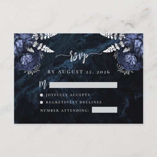 Marine Blauw Zilveren Bloemen Agaat Script Huwelij Informatiekaartje (Voorkant)