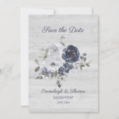 Marine Blauw Zilveren Bloemen Foto Save the Date (Voorkant)