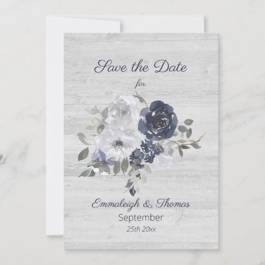 Marine Blauw Zilveren Bloemen Foto Save the Date (Voorkant)