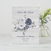 Marine Blauw Zilveren Bloemen Foto Save the Date (Staand voorkant)