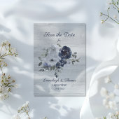 Marine Blauw Zilveren Bloemen Foto Save the Date