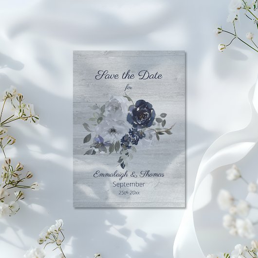 Marine Blauw Zilveren Bloemen Foto Save the Date