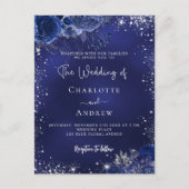 Marine blauw zilveren bloemen script bruiloft uitnodiging briefkaart (Voorkant)