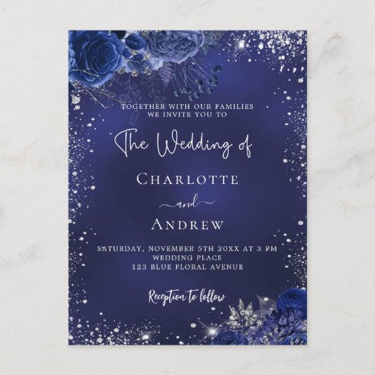 Marine blauw zilveren bloemen script bruiloft uitnodiging briefkaart (Voorkant)